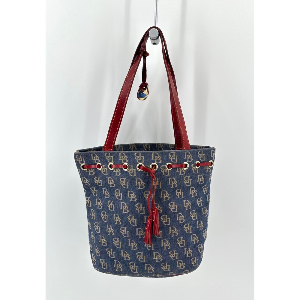 Dooney & Bourke Monogram Denim Bucket Bag Red Leather Trim Made in USA